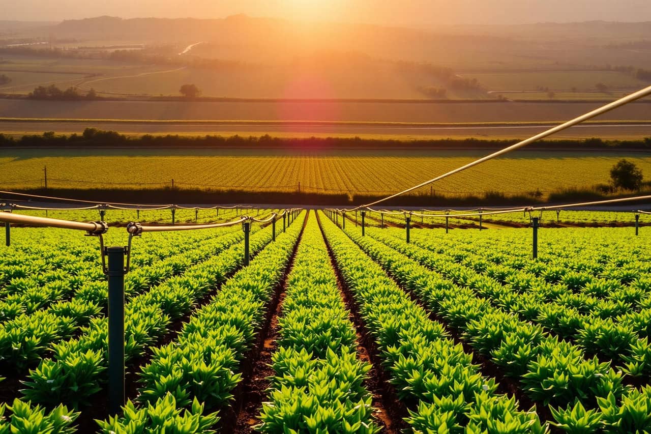 Drip irrigation in lush green field at sunset
