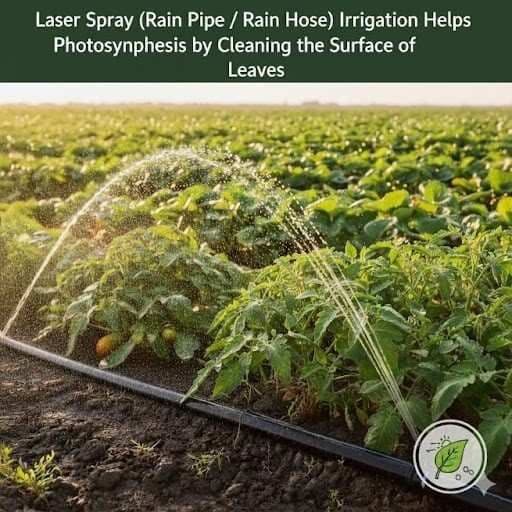 Rain Pipe and Rain Hose irrigation system cleaning crop leaves for improved photosynthesis